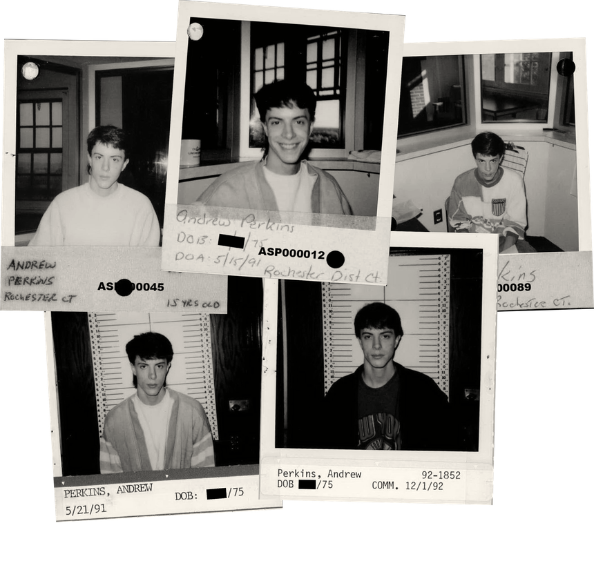 A collage of five polaroid pictures taken of Andy Perkins during his time in state custody at YDC, showing him as a teenage boy between the ages of 14 and 17.